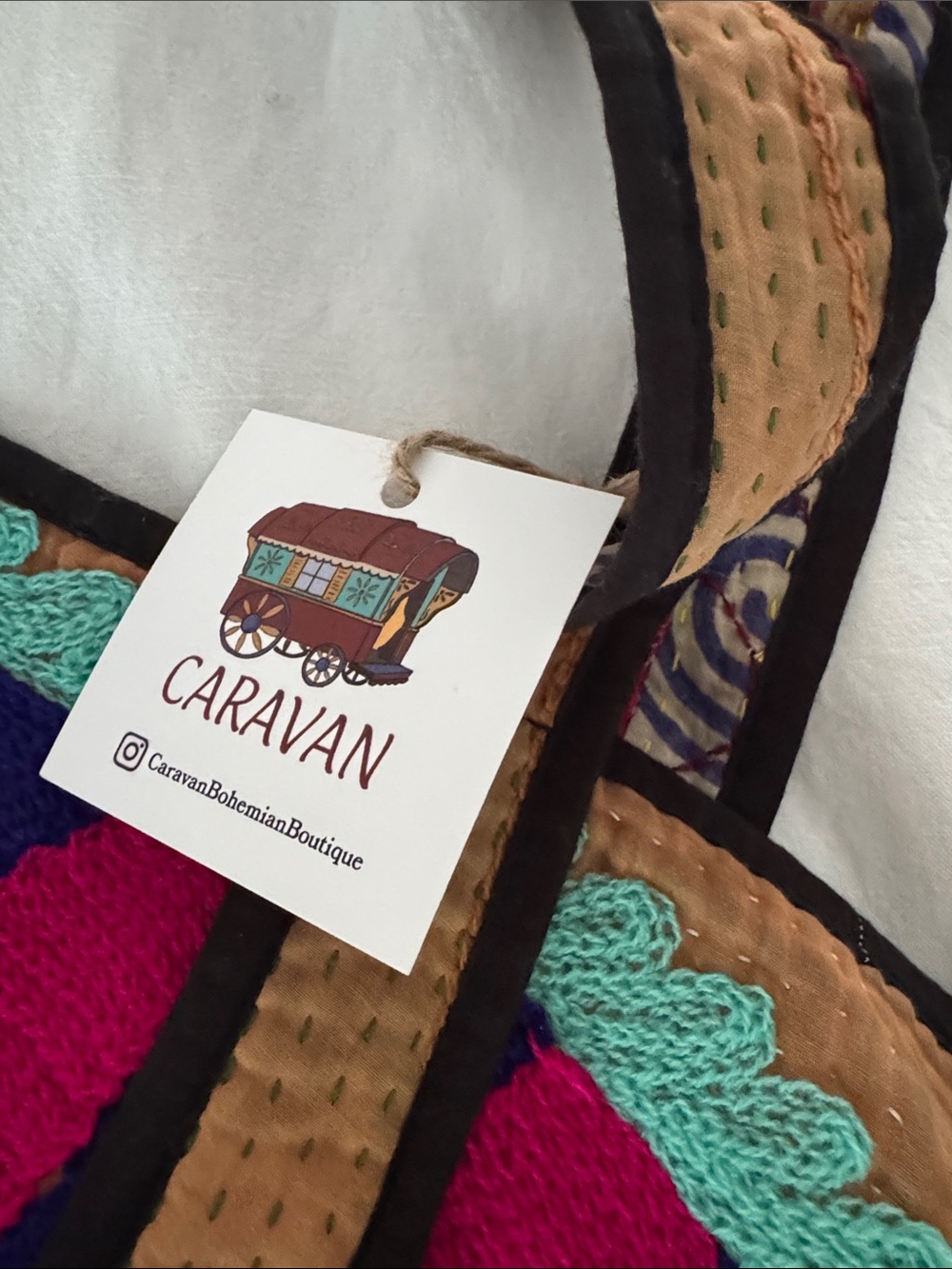 Caravan Bohemian Boutique Boho Floral Embroidered Tote Bag in Brown and Teal - Picture 4 of 11